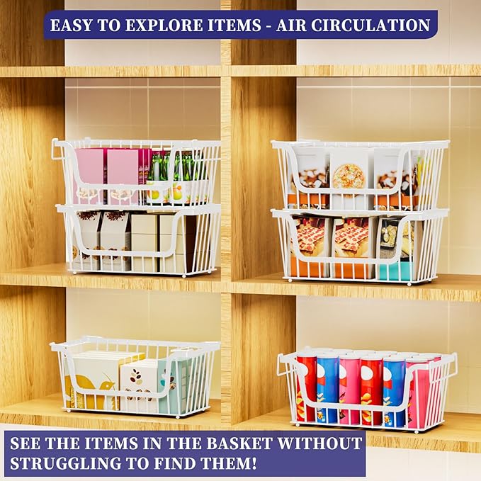 5 Pack Enhanced Leak-Proof Bottom Stackable Wire Baskets, Pantry Organizers and Storage, pantry storage，Shelf Baskets, Fruit Basket, Potato and Onion Storage Bins，(White)