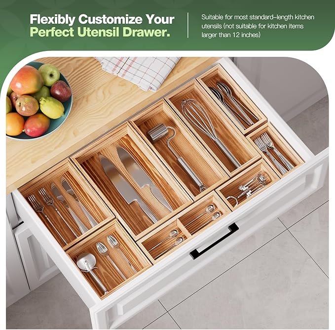 9-Pack Solid Wood Drawer Organizer, Modular Junk Drawer Organizer with Non-Slip Pad, Multi-Use Storage for Kitchen Office Bedroom Dresser for Utensil Stationery Makeup Stationery Tea & Coffee Pod