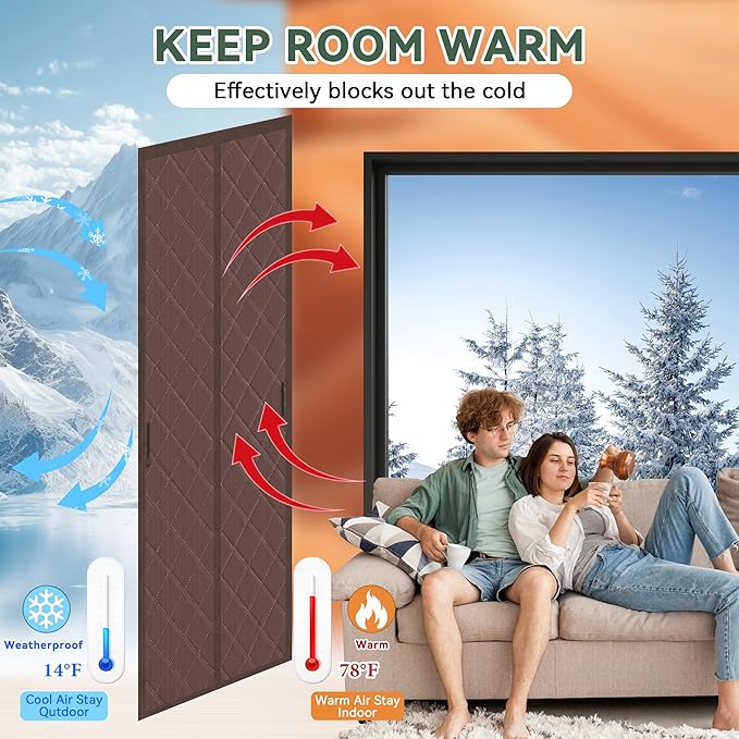 Magnetic Thermal Insulated Door Curtain, Fits 36'' x 80'' Doors(Curtain Size 38'' x 82''), Weatherproof Oxford with Cotton-Fill Insulation Door Cover for Winter, Keep Warm, Brown