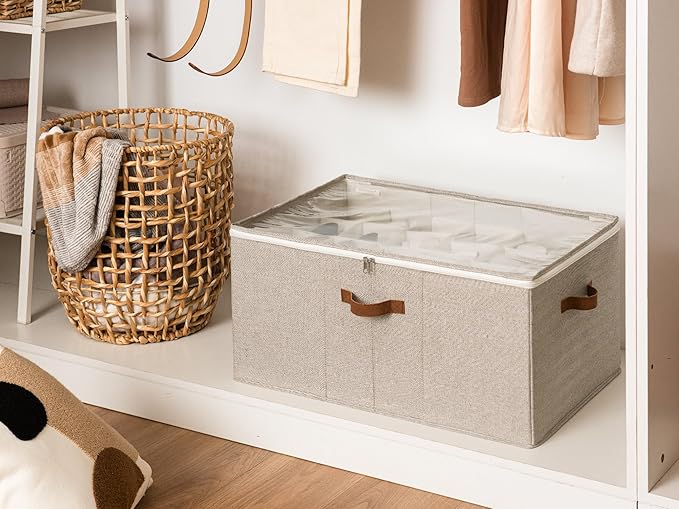 StorageWorks Shoe Organizer for Closet, Fits up to 24 Pairs, Shoe Cubby Storage Containers with Adjustable Dividers and Clear Cover, Taupe