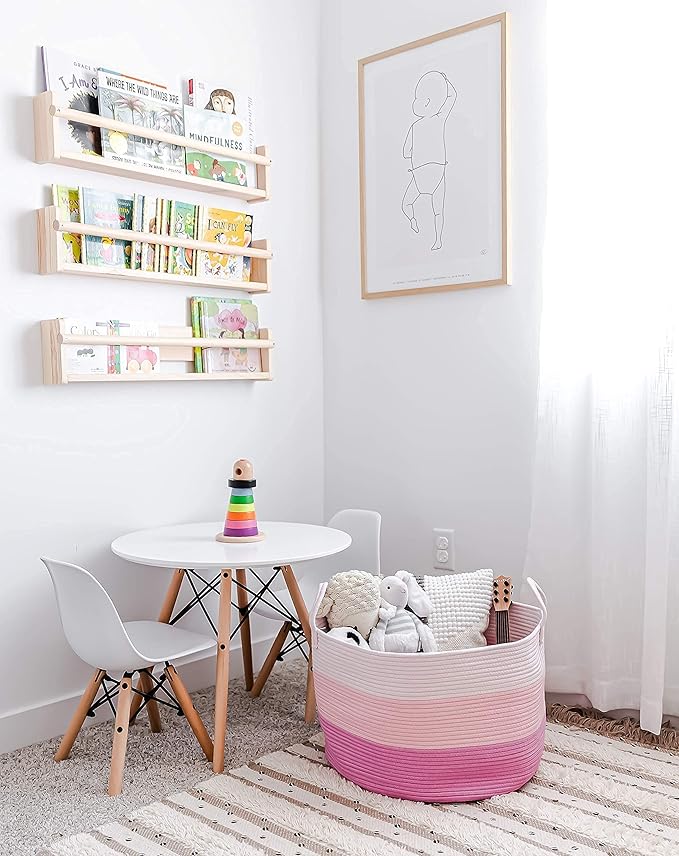 OrganiHaus Large Woven Storage Basket for Blankets and Toys 20" x 13" Inch, Rope Laundry Basket with Handles, Cushions & Pillows Storage Bin, Nursery Hamper, Soft Round Dog Toy Bin - Pink