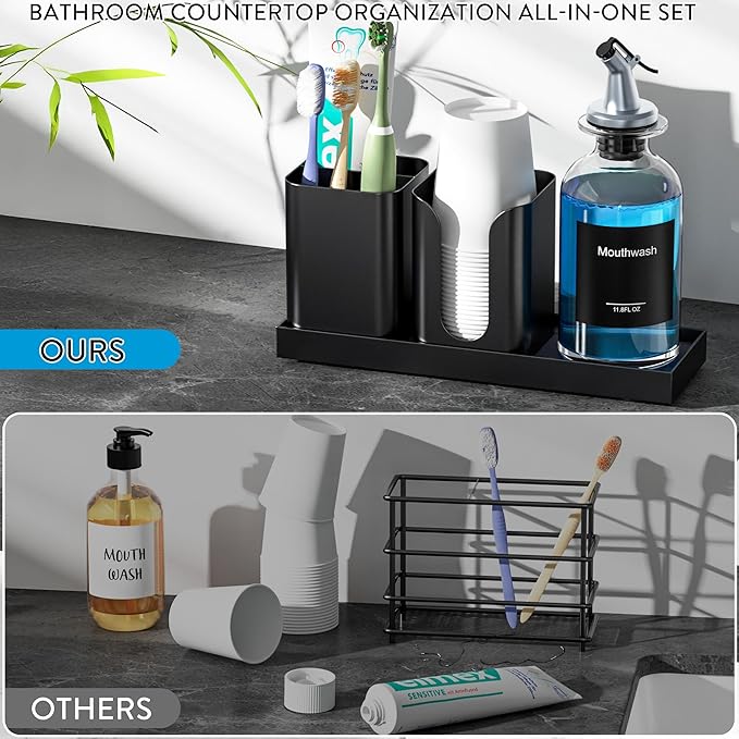 Moforoco Glass Mouthwash Dispenser with Toothbrush Holders, 11.8Oz Mouth Wash Bottle Container with Cup Holder, Funnel, Labels, and Drying Stone Tray, Bathroom Decor Accessories Set, Black