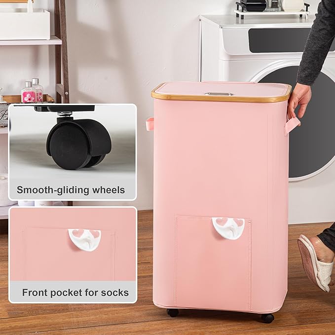 Laundry Basket with Wheels, Tall Dirty Clothes Hamper on Wheels, Rolling Laundry Hamper with lid for Dorm, Bedroom and Bathroom (Pink, 100L)