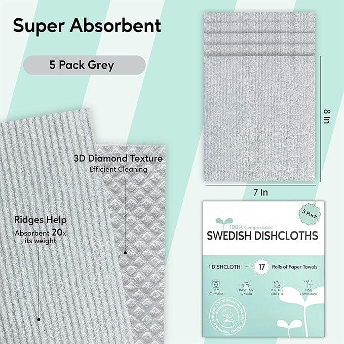 Swedish Dishcloths for Kitchen, 5 Pack Swedish Dish Cloths, Ultra Absorbent Reusable Paper Towels, Cellulose Sponge Cloths, Quick Drying, No Odor, Dishwasher Safe Grey