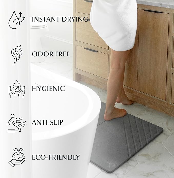 Water Stone Quick-Drying Bath Mat, Large (30.7” x 23.6”), Gray - Eco-Friendly, Non-Slip, Super Absorbent Bathroom Shower Mat for Superior Comfort & Safety
