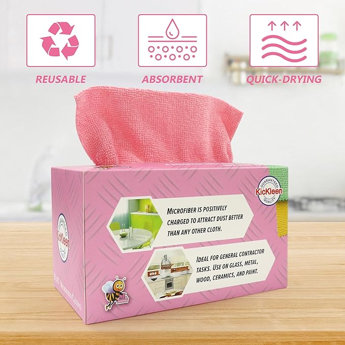 Microfiber Cleaning Cloth, Lint-Free Shop Towels Reusable, Bulk Rags in a Box for Home, Kitchen and Car, 8 Inch x 8 Inch,40 Pack with Box (Pink)