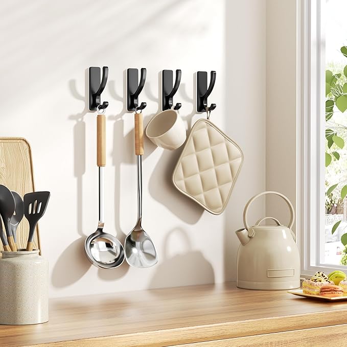 pickpiff Adhesive Wall Hooks for Towels - Sticky Hook Hanging Heavy Duty (13lb), Hanger for Door, Bathroom, Dorm, Closet - for Coats, Purse, Bag, Robe - No Damage to Wall - Black 6 Pack