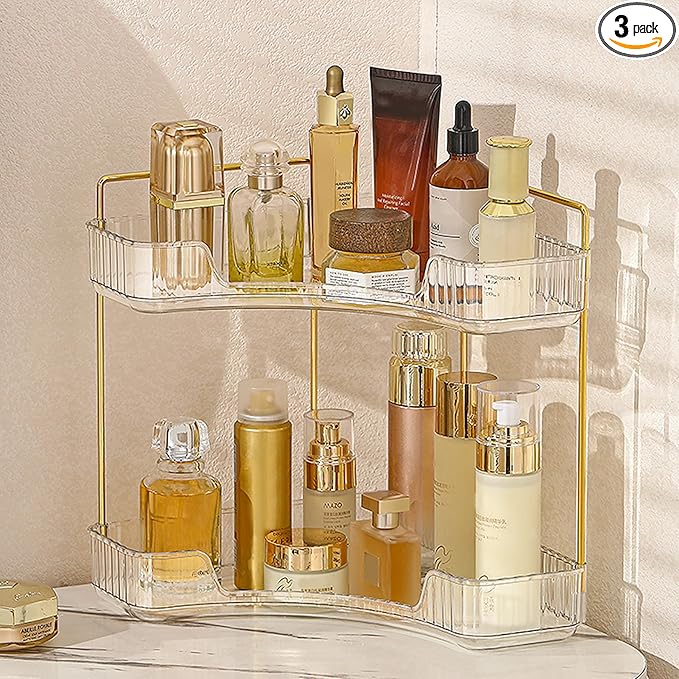 Aveniee Corner Bathroom Counter Organizer, Bathroom Countertop Shelf Makeup Organizer for Vanity Perfume Tray for Corner Storage (2 Tiers, White)