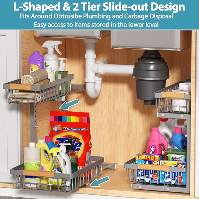 Under Sink Organizer 2 Pack, 2 Tier Slide Out Large Capacity Height Adjustable Under Sink Organizers and Storage for Kitchen Bathroom Cabinet, Grey