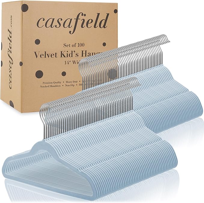 Casafield 100 Velvet Kid's Hangers - 14" Size for Children's Clothes - Light Blue