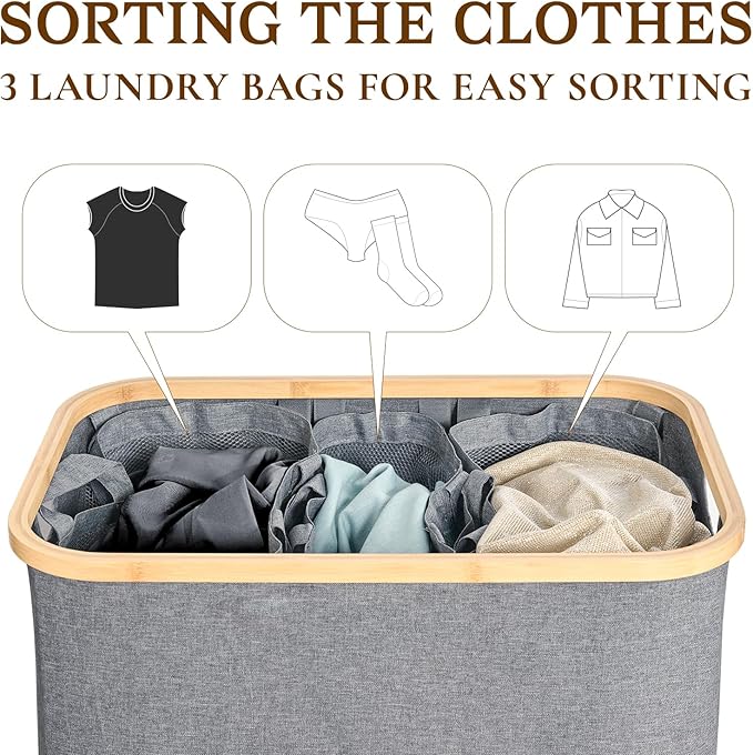 160L Foldable Laundry Baskest with Lid, 3 Section Extra-large Laundry Hamper with Removable Bags and Bamboo Handles for Bathroom, Bedroom & Laundry Room, Grey