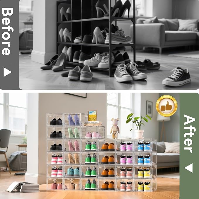ALCCB Thicken Hard Clear Shoe Storage Organizer for Closet, 12 Pack Modular Plastic Stackable Shoe Storage Box Organizer, Shoe Sneaker Rack Display Case Containers Bins with Lids, White