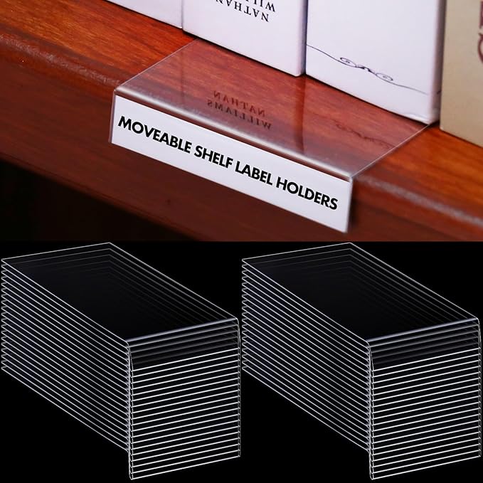 Containlol 50 Pcs Moveable Shelf Label Holders, Clear Bookshelf Label Library Shelf Markers Bookshelf Divider Tags for Library Office Classroom Home (3 x 0.63 Inch)