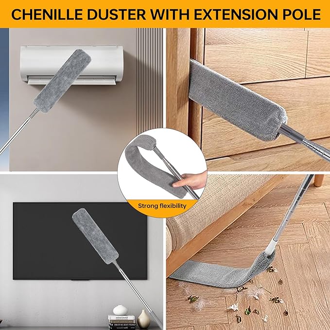 Dusters for Cleaning, 7Pcs Microfiber Duster with Extension Pole Up to 100Inches, Machine Washable Ceiling Fan Cleaner Duster for Cleaning Cobweb, Blinds, Furniture