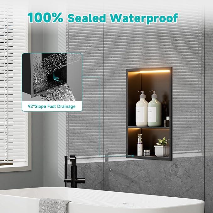 TSIBOMU 12" x 18" Stainless Steel Shower Niche with LED Lights – Recessed 2-Tier Shower Shelf, 12"x12" Upper & 12"x6" Lower Storage, Modern Bathroom Wall Niche (Black)