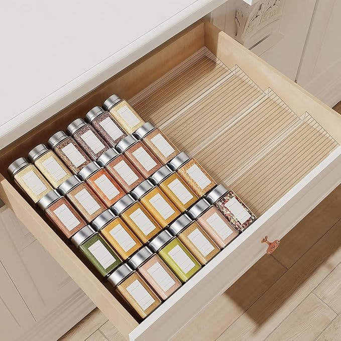 8 Pcs Spice Drawer Organizer Clear Acrylic Drawer Spice Organizer Expandable From 11'' To 22'' Clear Acrylic Drawers Seasoning Organizers for Kitchen Drawers Storage Seasonings Containers