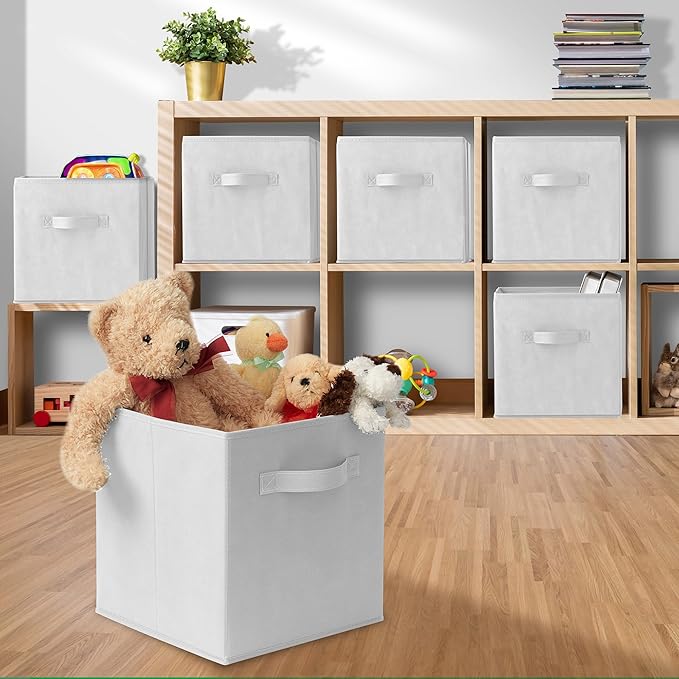 Casafield Set of 6 Collapsible Fabric Cube Storage Bins, White - 11" Foldable Cloth Baskets for Shelves, Cubby Organizers & More