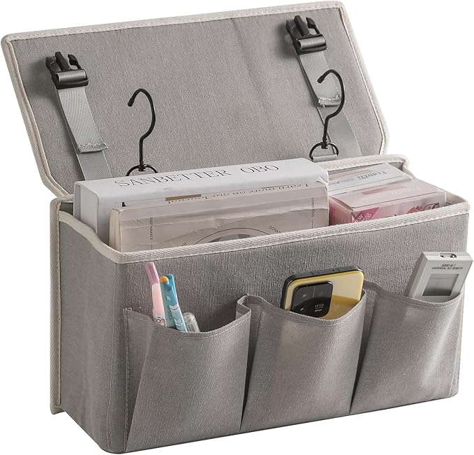 Bedside Caddy/Bedside Storage Organizer Hanging Bag with Three Options,Suitable for home beds, sofas, and dormitory beds—can hold magazines, books, phones, iPads, remote controls. (Gray)