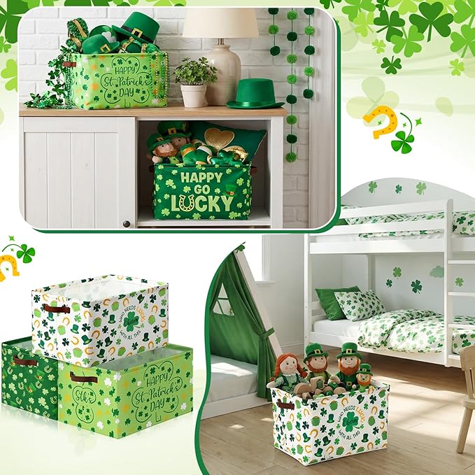Boao 3 Pack Saint Patrick's Day Storage Baskets for Gifts Empty Collapsible Large Lucky Clover Storage Bins, Canvas Laundry Basket with Handle for Office Home Bedroom Clothes Toys, Irish Holiday Decor