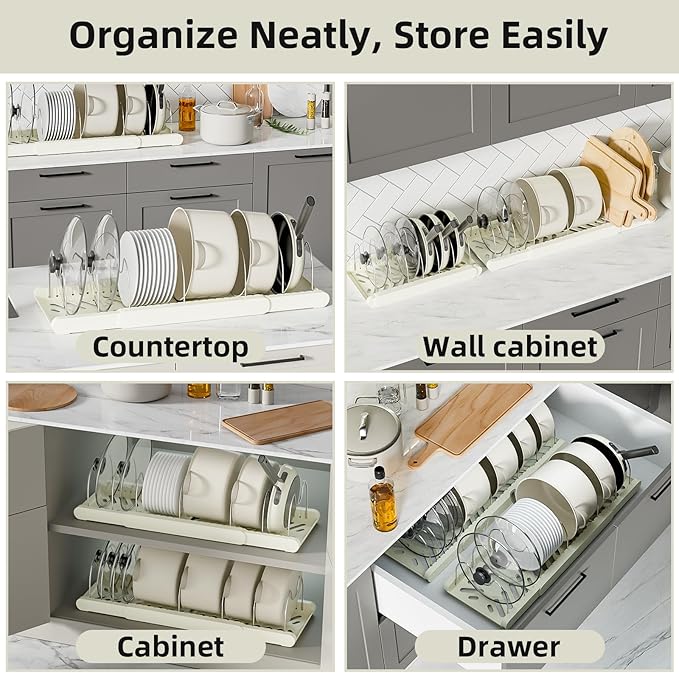 2 Pack Pots and Pans Organizer Under Cabinet - Expandable Pot Lid Holder with Adjustable Dividers, Baking Tray & Pan Storage Rack for Kitchen Cabinets