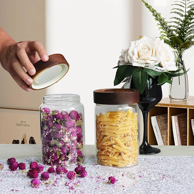 Patoper Airtight Glass Jars with Wooden Lid Glass Spice Jar Round Glass Storage Canister for Pantry Sugar Tea Coffee Bean Nuts Cookies Bath Salts (900ML*2PACK)