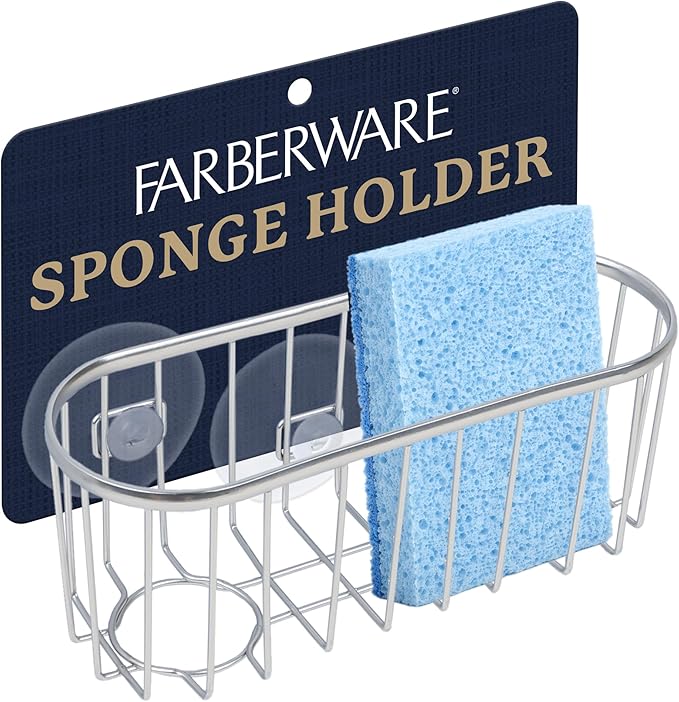 Farberware Sponge Holder for Kitchen Sink—Brushed Metal Sink Caddy Organizer with Triple Suction Cups, Kitchen Organizer for Sponges, Brushes, Soap & Cleaning Essentials