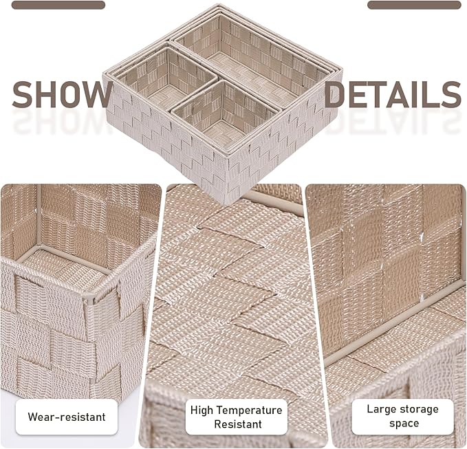 Storage Bins Woven Organizer Set of 7 – Polypropylene Storage Baskets with Metal Frame, Stackable Fabric Boxes for Drawers, Closet, Shelf, Nursery and Office, Beige