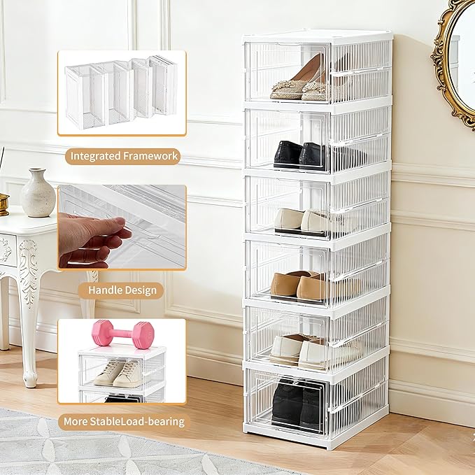 Upgrade Clear Foldable Shoe Storage Organizer, No Assembly 6 Tiers Shoe Box with Fully Clear Door, Plastic Stackable Shoe Rack for Sneakers, Sturdy Shoe Storage Containers Bins