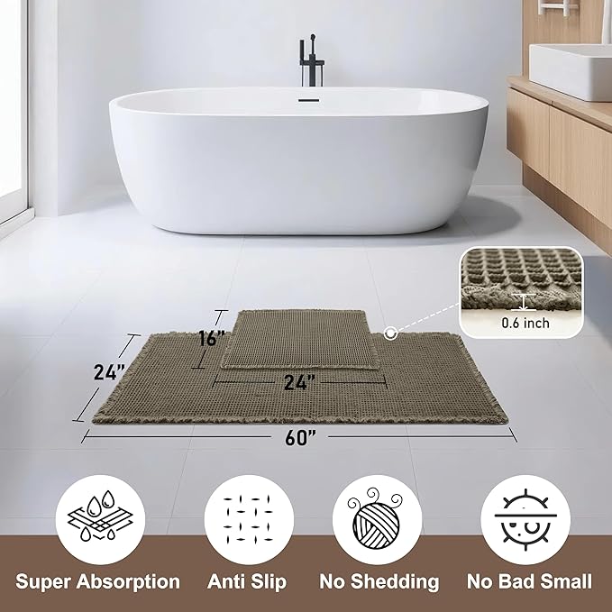 JIUZHEN Set of 2 Waffle Bath Mats Non Slip Waffle Bathroom Runner Rug Washable Boho Runner Bath Rugs Super Absorbent Shower Mat for Bathroom Kitchen Hallway Laundry, 16" x 24" +24" x 60", Olive Green