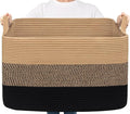 Goodpick Large Woven Blanket Basket 23.6" x 15.7" x 13.8" Cotton Rope Storage Organizer for Dirty Clothes Pillows Toys, Rectangle Wicker Laundry Basket with Handles, Black & Jute Mix