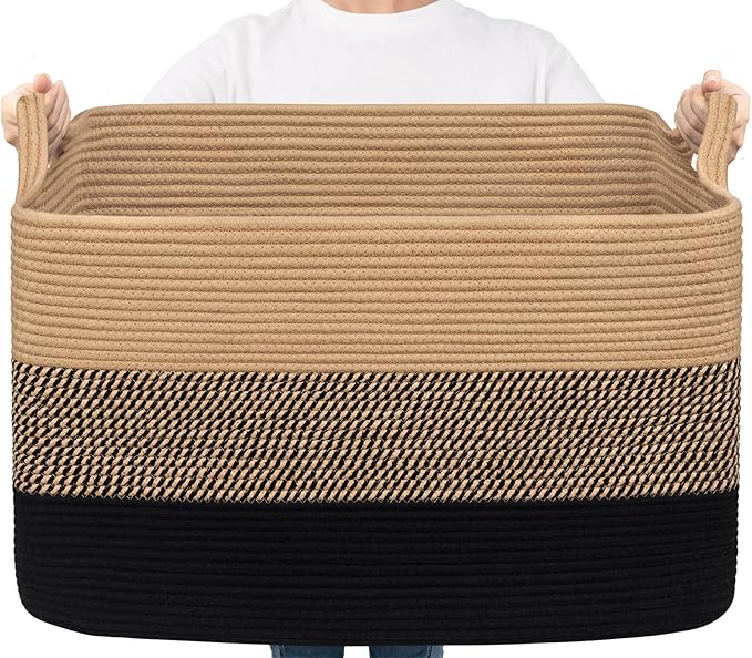Goodpick Large Woven Blanket Basket 23.6" x 15.7" x 13.8" Cotton Rope Storage Organizer for Dirty Clothes Pillows Toys, Rectangle Wicker Laundry Basket with Handles, Black & Jute Mix