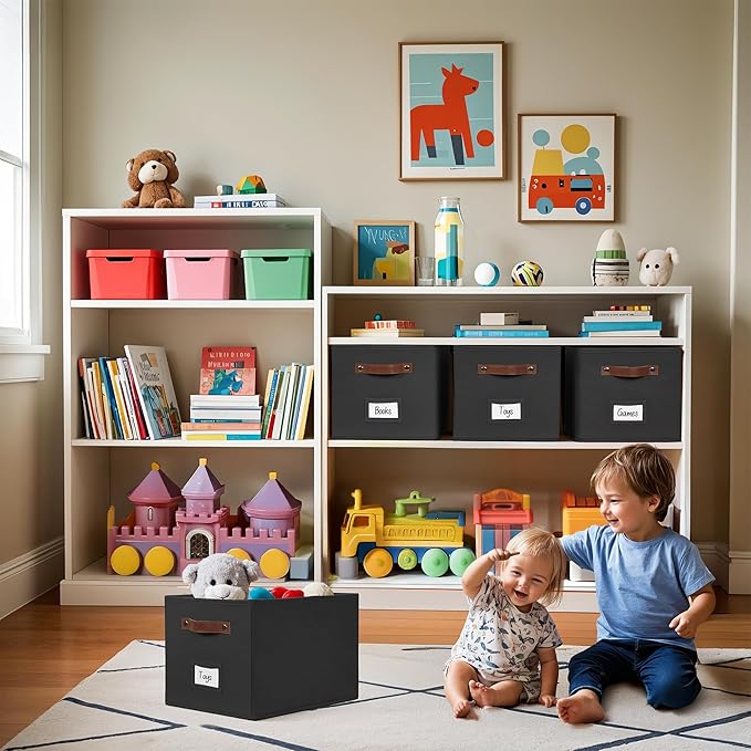 DECOMOMO Storage Baskets for Shelves - Large 15"x11"x10" Foldable Fabric Storage Bins, Baskets for Organizing with Labels (Black, 4pcs)