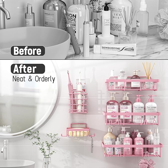 10 Pack Shower Caddy Organizer Rack Shelf for Inside Shower, Self Adhesive Wall Storage Basket Rustproof Stainless Steel Shampoo Holder Bathroom Accessory Decor Set, Pink