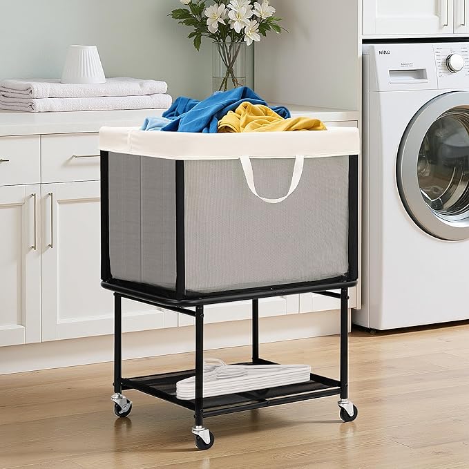 STO STO Rolling Laundry Hamper with Lockable Wheels, 29-Gallon (110L) Laundry Cart with Removable Canvas Bag, 2-Tier Clothes Basket Hamper with Shelf for Closet, Bedroom, Bathroom, Laundry Room