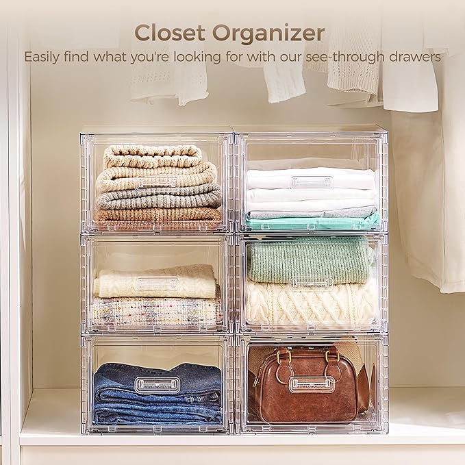 Vtopmart 4 Pack 18QT Clear Stackable Storage Drawers,Easily Assemble Closet Organizers,Plastic Storage Bins for Bathroom,Cabinet,Kitchen Pantry,Under Sink Organization(Medium)