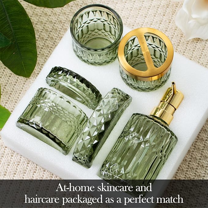 Bathroom Accessory Set 5 Pcs, Glass Bathroom Set Include Soap Dish, Toothbrush Holder, Mousewash Cup, Soap Dispenser, Cotton Swab Jar, Green