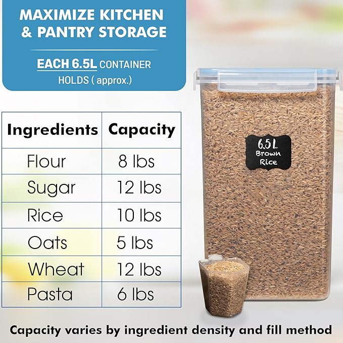WHITE FEATHER SUPPLIES 2 PC [6.5L / 220 Oz] Large Flour Sugar Storage Containers - Leak Proof, BPA Free, Clear Plastic Food Storage Containers with Lids Airtight - Bulk Storage for Kitchen and Pantry