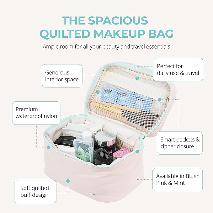 Tuck Hanging Toiletry Bag - Water-Resistant Travel Makeup Organizer with Spacious Compartments & Padded Handle for Women (Blush Petal & Mint) (Puffy Makeup Bag)