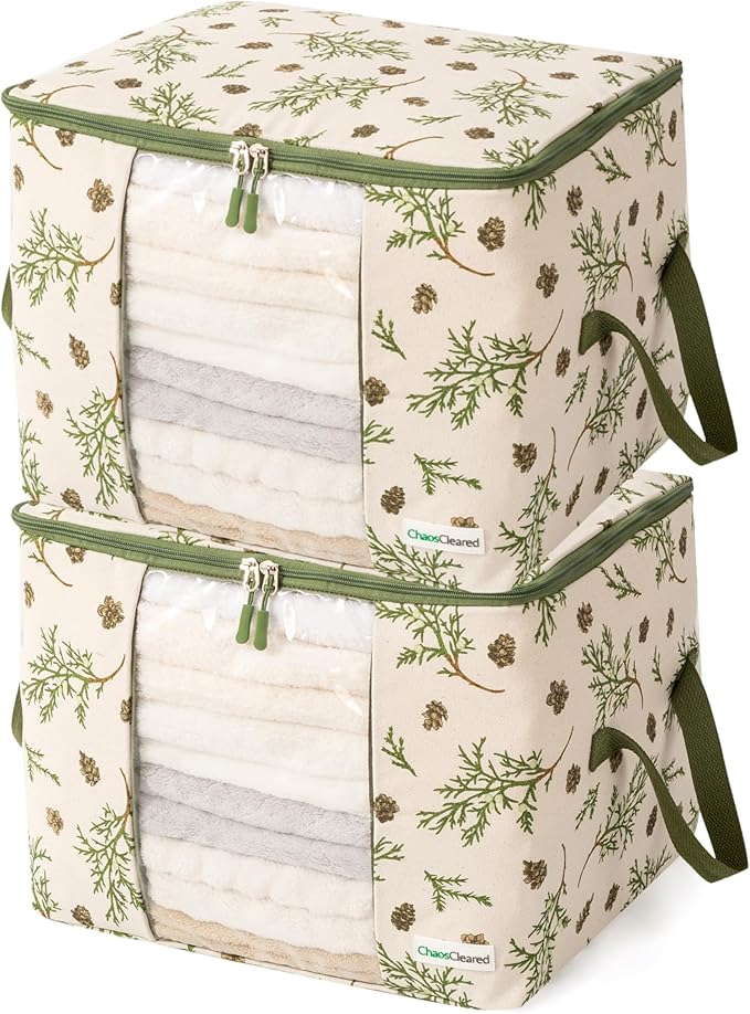 Chaos Cleared Canvas Storage Bags Designer Organizer 2 Pack – Seasonal Storage for Sweaters, Blankets, Linens & Garments – Foldable Design with Zip & Window, Moth-Proof Space Saver, Mistletoe Print