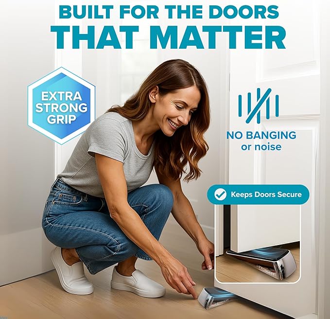 Strongest Home Heavy Duty Door Stopper Wedge (2 Chrome PCs) | Non-Slip Rubber and Metal Door Stop for Heavy Doors | Work on Wood, Tile, Carpet + 2 White Wall Protectors