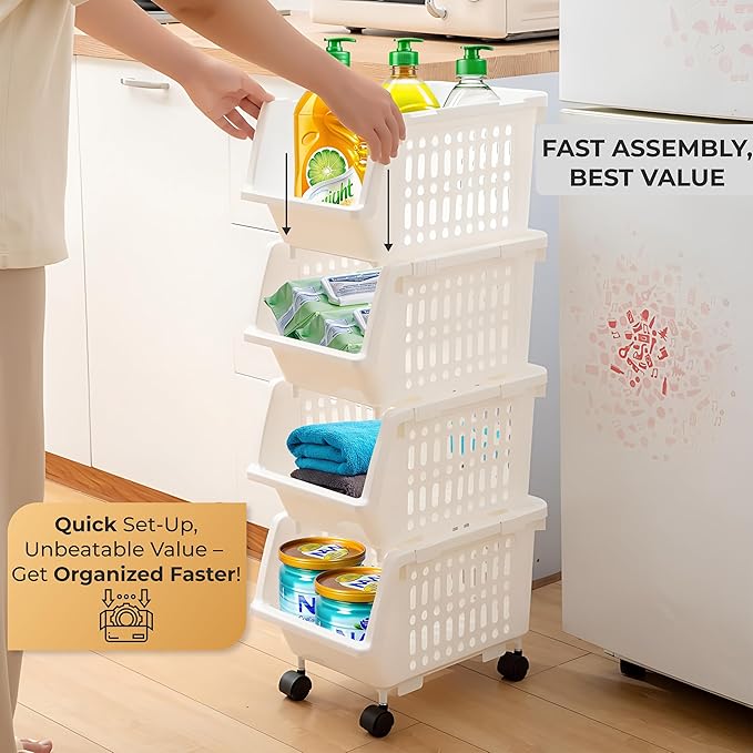 TidyFriend Stackable Storage Bins for Pantry - 4 Pack Small Stackable Bins for Organizing Food, Kitchen, and Bathroom Essentials (White)