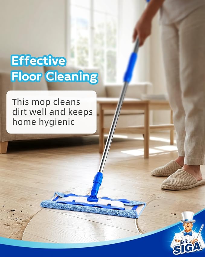 MR.SIGA Professional Microfiber Mop for Hardwood, Laminate, Tile Floor Cleaning, Stainless Steel Telescopic Handle - 3 Reusable Flat Mop Refills and 1 Dirt Removal Scrubber Included