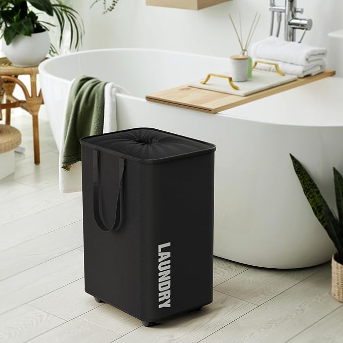 Simple Houseware Large 82L Laundry Basket with Wheels, Collapsible Waterproof Hamper with Handles and Mesh Cover, Black