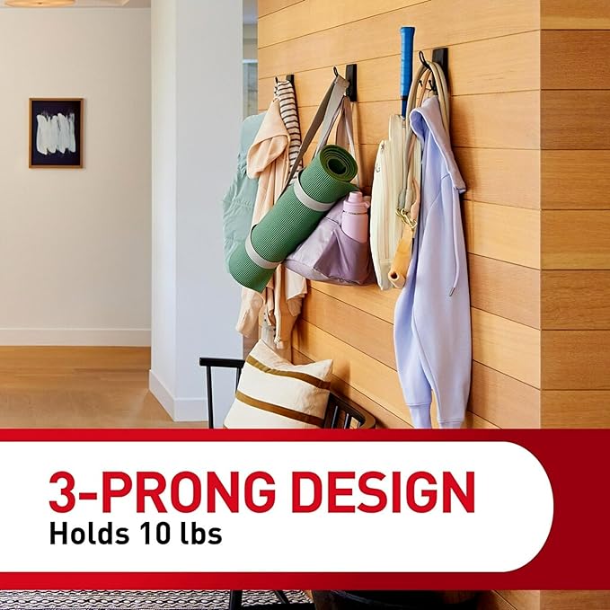 Command X-Large Matte Black Triple Hook, 2 Hooks, 6 Strips, Damage-Free Hanging with Adhesive Strips, No Tools Wall Hook for Hanging Decorations in Living Spaces
