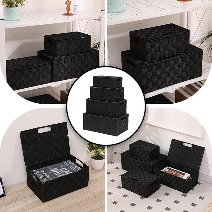 Storage Bins Woven Organizer with Lids Set of 4 – Polypropylene Storage Baskets with Metal Frame, Stackable Fabric Boxes for Drawers, Closet, Shelf, Nursery and Office, Black