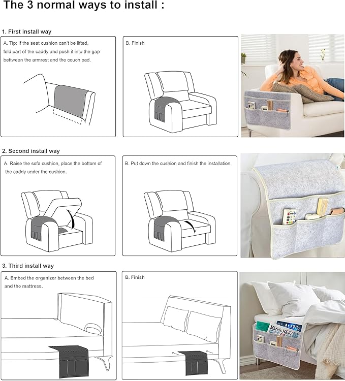 Sofa Armrest Caddy, Armchair Caddy for Recliner, Couch Organizer, Bedside Organizer, Remote Holder with Silicone Non-slip Design,4 Pockets for Magazine, Notepad,Phone, Ipad, Glasses (Light Grey-1)