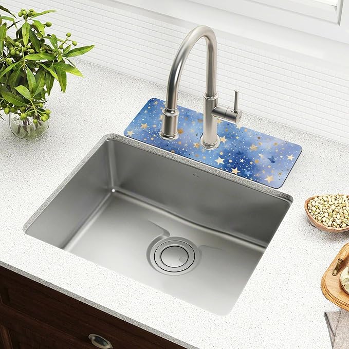 Blue Romantic Golden Stars Gradient Kitchen Sink Splash Guard Sink Faucet Mat Faucet Handle Drip Catcher Drain Mats for Kitchen Bathroom Countertop Absorbent Dish Drying Pad 2Pac