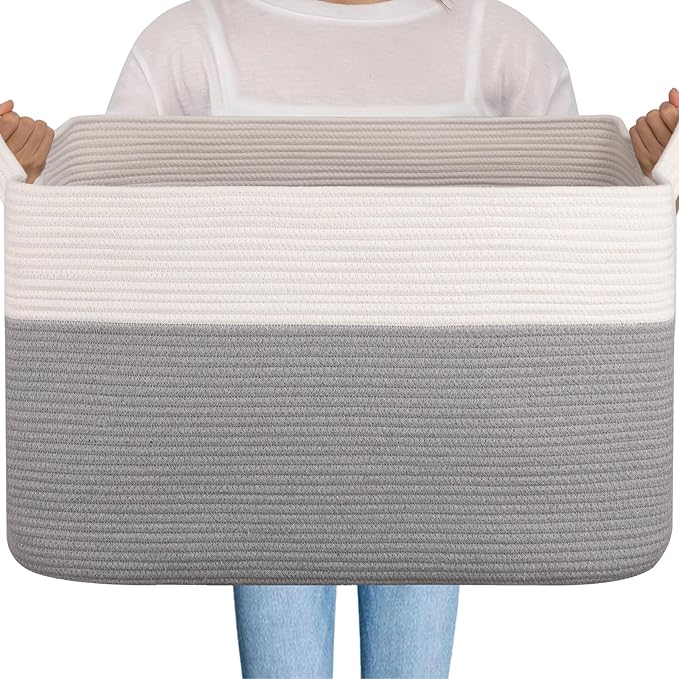 OIAHOMY Extra Large Blanket Basket, 95L Woven Storage Basket, Cotton Rope Toy Bin for Baby Room, Container for Storage in Living Room, 24''×17''×14'', Grey & White