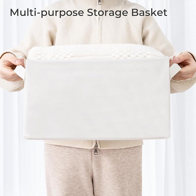 Storage Basket Bins with Metal Frame, Large Collapsible Fabric Storage Baskets for Organizing Shelf, Basket Organizer W/Handles for Blankets, Towels, Laundry, Shelves, 3-Pack, Beige