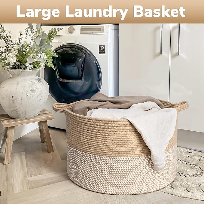 Goodpick Large Woven Storage Basket 21.7x13.8 Inch, White & Jute Laundry Hamper with Handles for Clothes, Blankets, Pillows, Blanket Basket for Living Room, Bedroom